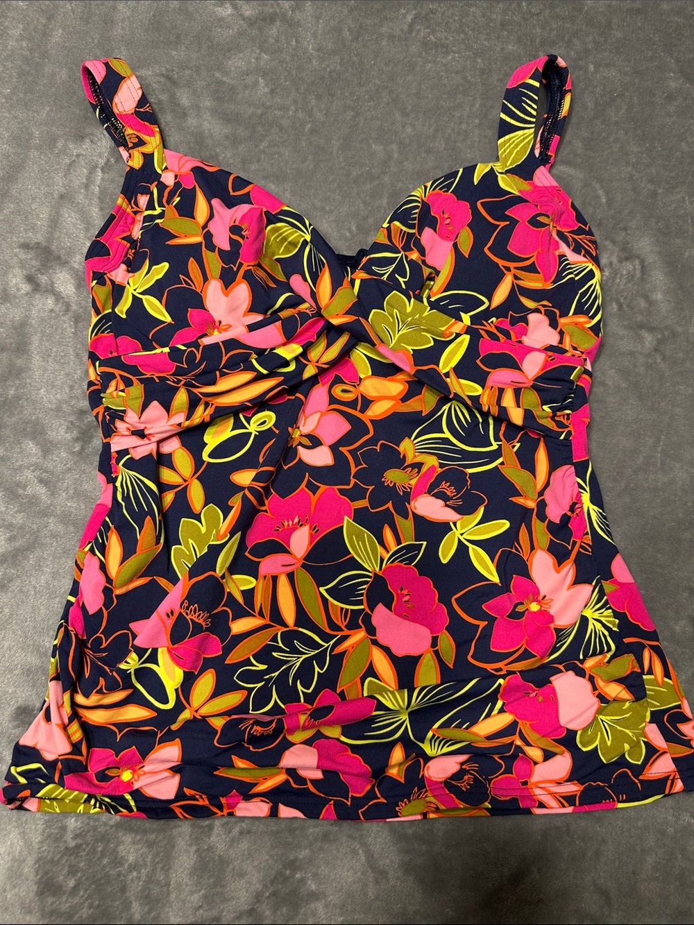 EUC Lands' End Navy Floral Twist-Front Tankini Top w/Pink & Neon Accents Sz 10